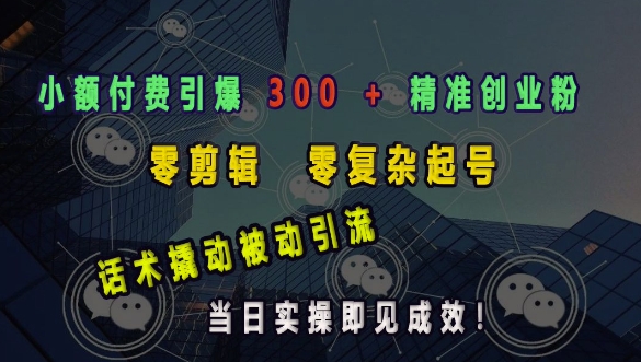 小额付费引爆 300 + 精准创业粉，零剪辑、零复杂起号，话术撬动被动引流，当日实操即见成效-梵摄网创