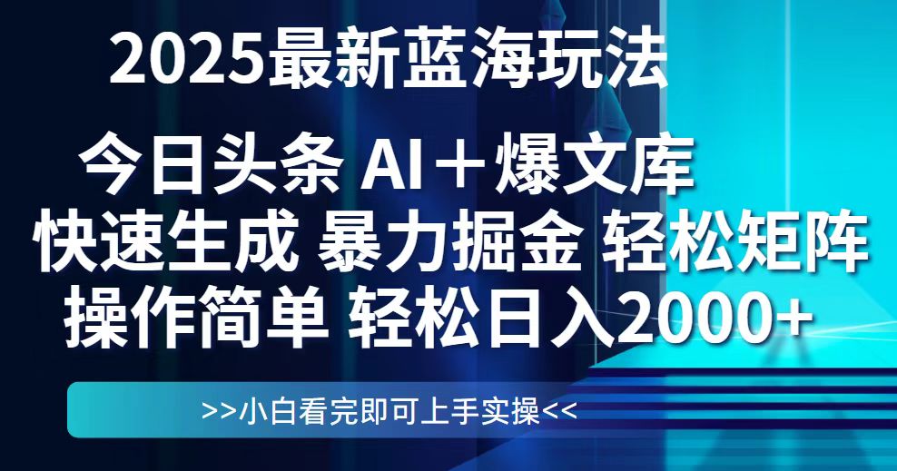 （14805期）今日头条2025最新蓝海玩法，思路简单，复制粘贴，轻松实现矩阵日入2000+-梵摄网创