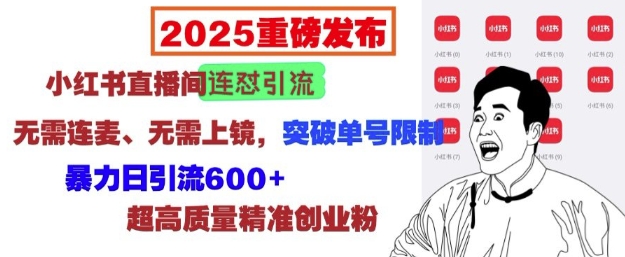 2025重磅发布：小红书直播间连怼引流，无需连麦、无需上镜，突破单号限制，暴力日引流600+-梵摄网创