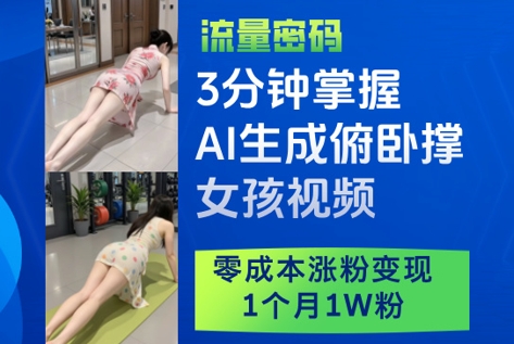 3分钟掌握AI生成俯卧撑女孩视频，零成本涨粉变现，1个月1W粉-梵摄网创