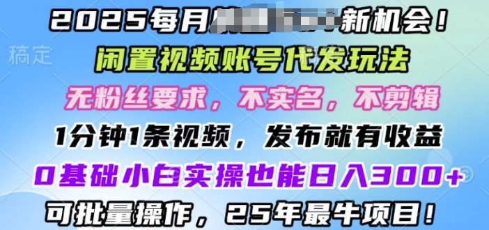 2025闲置视频账号一键代发玩法，0粉不实名不剪辑，领了视频直接发，0基础小白也能日入3张-梵摄网创