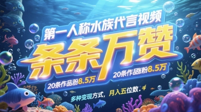 第一人称水族代言视频，条条万赞，20条作品涨粉7.8W，多种变现方式月入五位数-梵摄网创