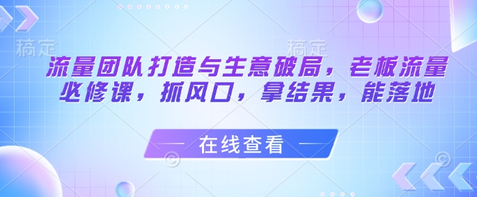 流量团队打造与生意破局，老板流量必修课，抓风口，拿结果，能落地-梵摄网创