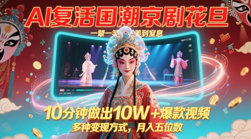 AI复活国潮京剧花旦，一颦一笑美到窒息，10分钟做出10W+爆款视频，多种变现方式，月入五位数-梵摄网创